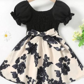 Toddler Girls Floral Print Puff Sleeve Shirred Belted Dress