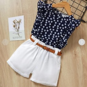 toddler floral polka dot printed sleeveless T-shirt & shorts with belt