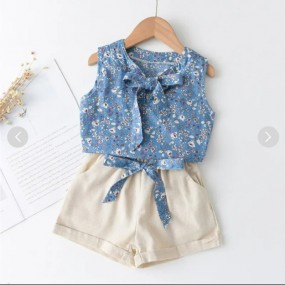 toddler floral printed bowknot decor sleeveless T-shirt & solid color shorts