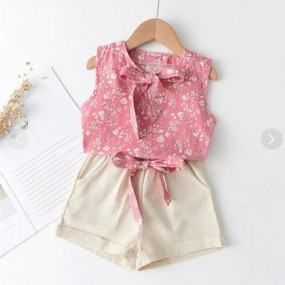 toddler floral printed bowknot decor sleeveless T-shirt & solid color shorts