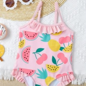 Baby Girl Fruit Print Ruffle Trim One Piece Swimsuit