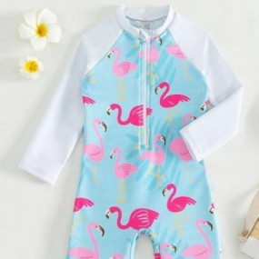 Baby Flamingo Print Zipper Front One Piece Swimsuit