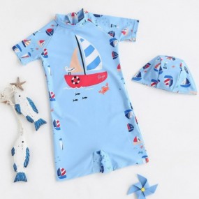 Toddler Boys Cartoon Graphic Zip Back One Piece Swimsuit With Swim Cap