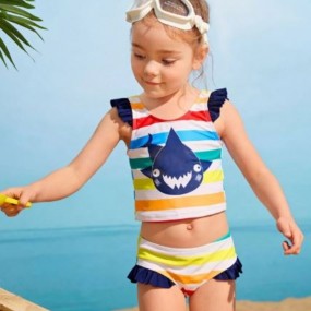 1set Toddler Girls Striped & Cartoon Shark Bikini Swimsuit