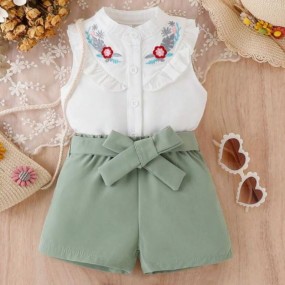 Baby Girl Floral Embroidered Sleeveless Shirt And Shorts Outfit