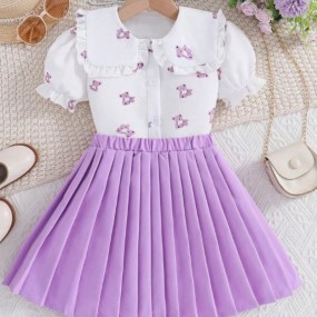 Young Girl Teddy Bear Printed Puff Sleeve Blouse With Peter Pan Collar And Solid Color Pleated Skirt Two Piece Outfit