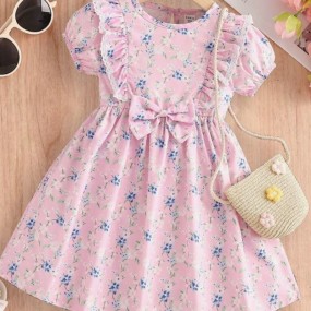 SHEIN Young Girl's Campus Style Pink Floral Print Lace Splicing Short Sleeve Dress Spring Summer