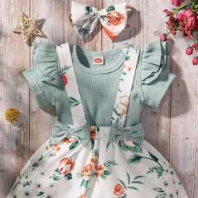 Baby Girl Ruffle Trim Top & Floral Print Suspender Skirt With Headband