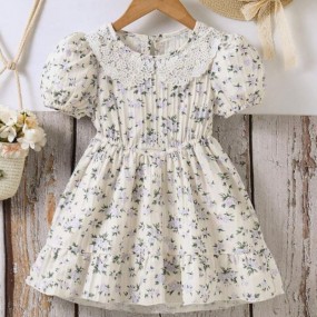 SHEIN Young Girl Contrast Lace Peter Pan Collar Floral Print A-Hem Dress Spring And Summer