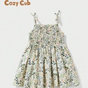 Cozy Cub Baby Girl Floral Pattern Waist Cinched Spaghetti Strap Dress