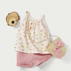 Cozy Cub Baby Girl Floral Patterned Button Decorated Sleeveless Top And Solid Color Shorts TwoPiece Set