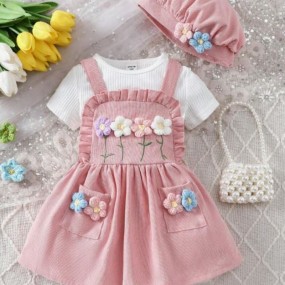 Baby Girl Plain Knitting Short Sleeve Top And Corduroy Dress With 3d Flower Decorated Suspender Hat 3pcsSet Outfits