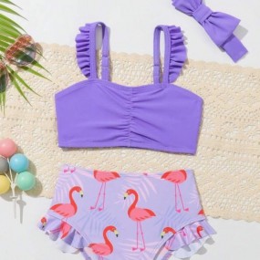 Baby Girl Ruffled Strap Flamingo Patterned Two Piece Swimsuit With Hairband