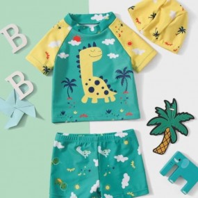 Baby Boy 3pack Allover Dinosaur Print Raglan Sleeve Swimsuit With Hat