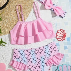 Young Girl Fish Scale Print Tiered Layer Bikini Swimsuit