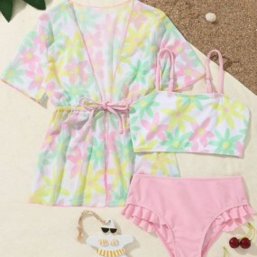 Young Girl Floral Print Ruffle Trim Bikini Swimsuit With Kimono