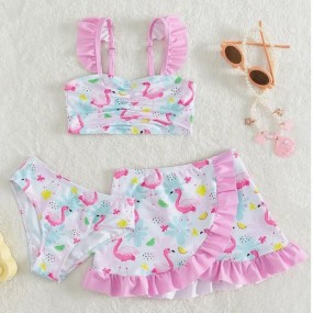 Young Girl Flamingo Print Ruffle Trim Bikini Swimsuit With Beach Skirt