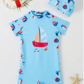 Baby Boy Holiday Sailboat Print Shoulder Cutout Short Sleeve Swimsuit And Swim Cap Set