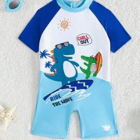 Baby Boy Dinosaur Letter Print Raglan Sleeve One Piece Swimsuit