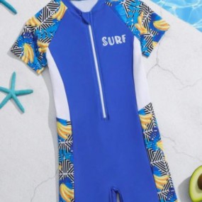 Young Boy Tropical Print Spliced One Piece Swimsuit For Kids