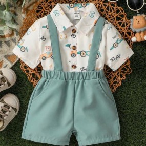 Baby Boys' British Gentleman Style Cartoon Printed Shirt With Turn Down Collar And Suspenders Shorts Outfit