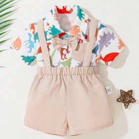 SHEIN Newborn Infant Boys' Cartoon Patterned Turn Down Collar Shirt With Shorts And Suspenders Set