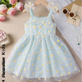 SHEIN Young Girl's Gingham Print Daisy & Mesh Patchwork Spaghetti Strap Princess Dress For Performances, Weddings, Evening Parties & Birthdays