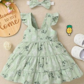 Baby Floral Ruffle Hem Cami Dress With Headband