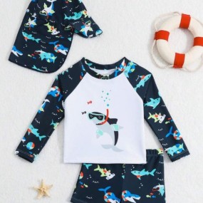 Baby Boy Swimwear Top With Fixed Print Random Print Bottoms Matching Swim Cap