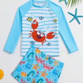 Young Boy Striped & Cartoon Graphic Beach Swimsuit