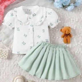 Baby Girls' Bear Print Doll Collar Bubble Sleeve Top With Solid Color Pleated Skirt Set For Summer