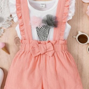 Baby Girl Butterfly Sleeve Tee & Ruffle Trim Bow Front Overall Shorts