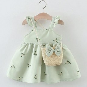 Baby Girl Summer Embroidered Floral Print Strap Dress With Bag