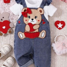 Baby Girl's Cartoon Bear Applique Sleeveless Romper