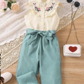 SHEIN Young Girl Floral Embroidery Ruffle Trim Blouse & Belted Pants