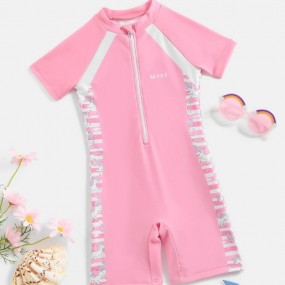 Young Girl Unicorn Letter Graphic Zipper Front One Piece Swimsuit