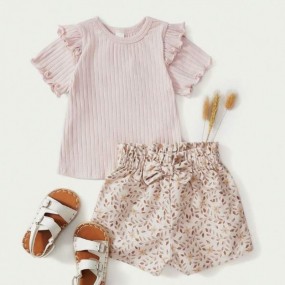 Cozy Cub Baby Girl Solid Knit Soft Round Neck Ruffle Hem Pullover Top And Floral Pattern Leisure Shorts Two Piece Set