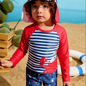 Young Boy Cartoon Graphic Beach Swimsuit & Cap