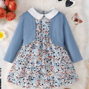 SHEIN Young Girl Ditsy Floral Print Contrast Collar Dress & Jacket