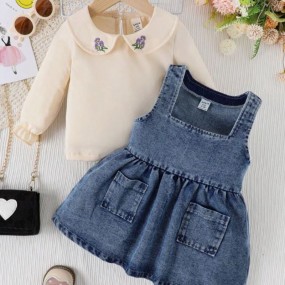 Baby Girl Floral Embroidery Flounce Sleeve Peter Pan Collar Top & Denim Overall Dress