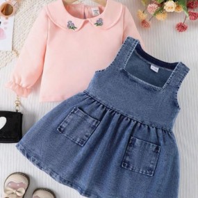 Baby Girl And Baby Autumn And Winter Casual Versatile Suit Lapel Shirt Top And Sleeveless Denim Skirt Suit