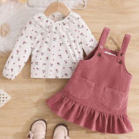 SHEIN Baby Girl Casual Vacation Knitted Elastic Ditsy Floral Ruffle Edge Long Sleeve Top & Corduroy Solid Color Overall Dress Set