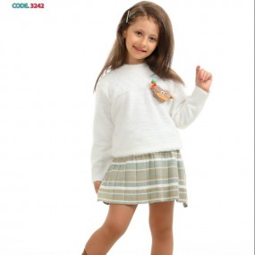 POPLON 2pcs Young Girl College Style Cute Long Sleeve Top And Pleated Skirt Set