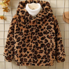 Young Girl Leopard Teddy Hoodie Without Sweater