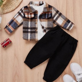 Baby Boy Casual Plaid Woolen Coat With Pants Set