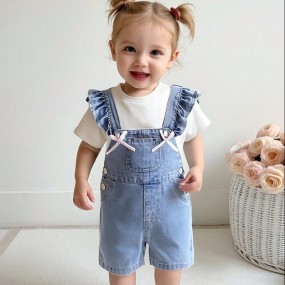 Baby Girls' Washed Denim Ruffled Bib Pants With Bow Waist, Snap Closure, Comfortable & Simple Fashion Jumpsuit Suitable For Everyday Wear