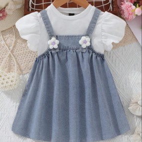 Baby Girl Casual Plain Top And 3d Flower Denim Overall Dress Set, Holiday