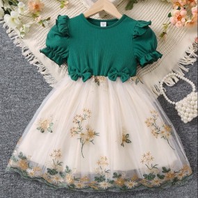 SHEIN Young Girl Vintage Mesh Flower Embroidery Patchwork Party Dress For Gathering