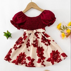 SHEIN Young Girl Floral Print Puff Sleeve Shirred Belted Dress