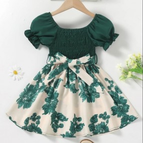 SHEIN Young Girl Floral Print Puff Sleeve Shirred Belted Dress